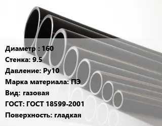 Труба полиэтиленовая 160х9.5 Ру10 ПЭ газовая ГОСТ: ГОСТ 18599-2001 гладкая